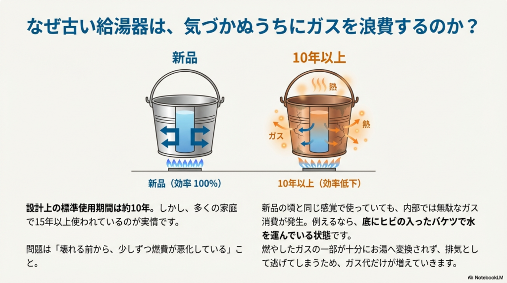 ヒビの入ったバケツで水を運ぶ様子に例えて、古い給湯器が熱を逃してガスを浪費している仕組みを解説したイラスト。
