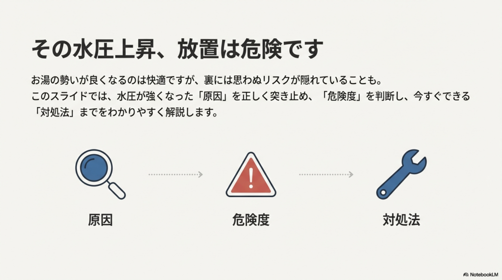 原因の特定、危険度の判断、対処法の実施という3つのステップを示すアイコン付きの概要図。