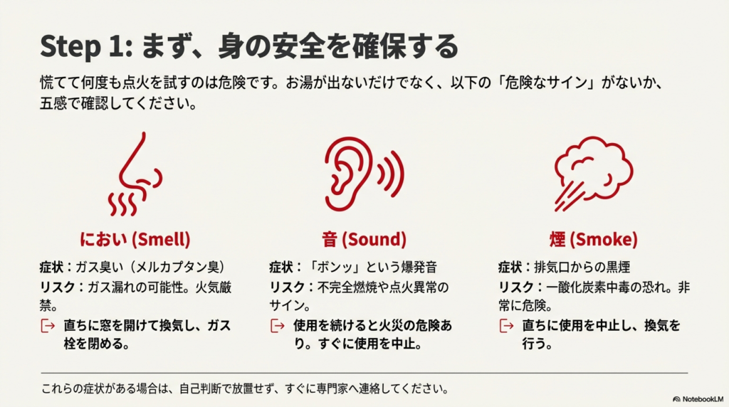 身の安全を確保するための「SSS(におい・音・煙)」のチェックポイント。ガス臭、爆発音、黒煙がある場合は直ちに使用を中止し、換気や専門家への連絡が必要であることを示しています。