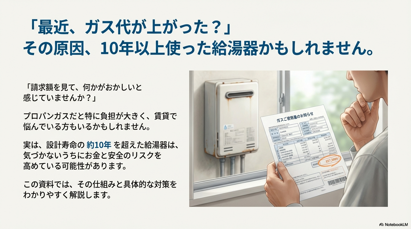 ガス料金の請求書を見て金額の高さに驚き、給湯器が原因ではないかと考えている男性のイラスト。
