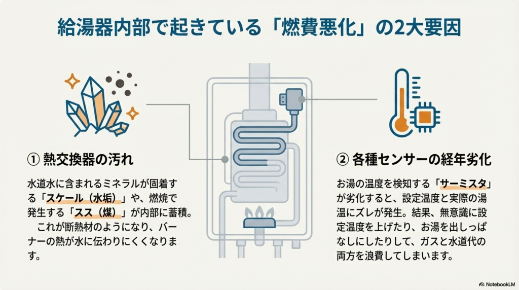 熱交換器へのスケール(水垢)やススの付着、センサーの経年劣化など、燃費が悪化する2大要因を解説した図解。