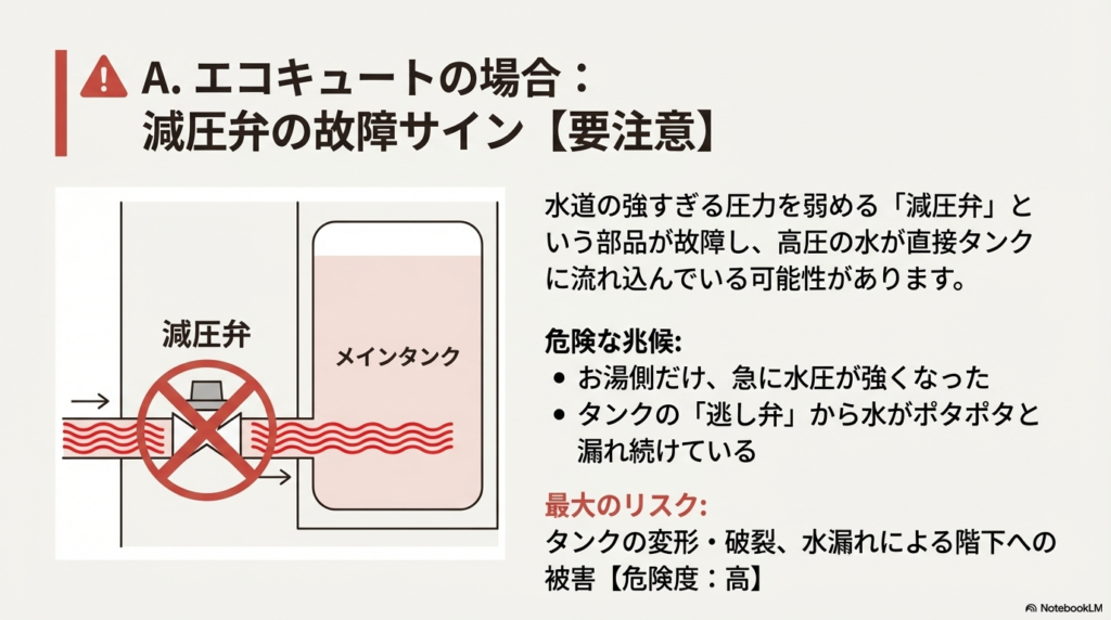 減圧弁が故障し、水道の強い圧力が直接メインタンクに流れ込んでいる危険な状態を図解したイラスト。