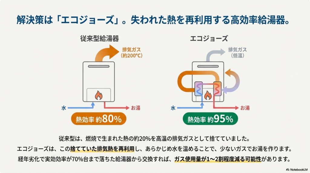 従来型給湯器が排気熱を捨てているのに対し、エコジョーズはその熱を再利用して熱効率を約95%に高めている仕組みを示した図。