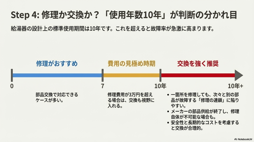 給湯器の使用年数に基づいた判断基準。10年を境に故障率が高まり「修理の連鎖」が起きやすいため、10年超えは安全性を考慮して交換を推奨しています。
