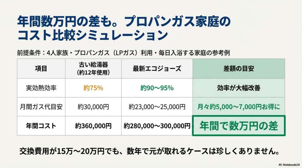 4人家族でプロパンガスを使用した場合の、古い給湯器と最新エコジョーズの年間ガス代とトータルコストの差額を示した比較表。