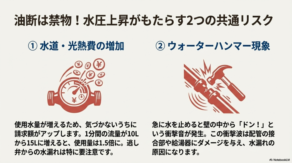 水道メーターが回るイラストでお金の無駄遣いを、配管を叩くハンマーのイラストでウォーターハンマー現象の危険性を警告する画像。