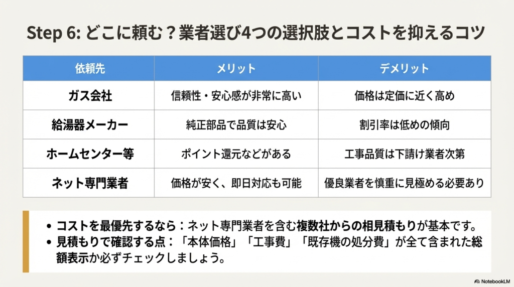 ガス会社、メーカー、ホームセンター、ネット専門業者の4つの依頼先の比較表。信頼性、価格、工事品質、スピードなどの違いをまとめています。