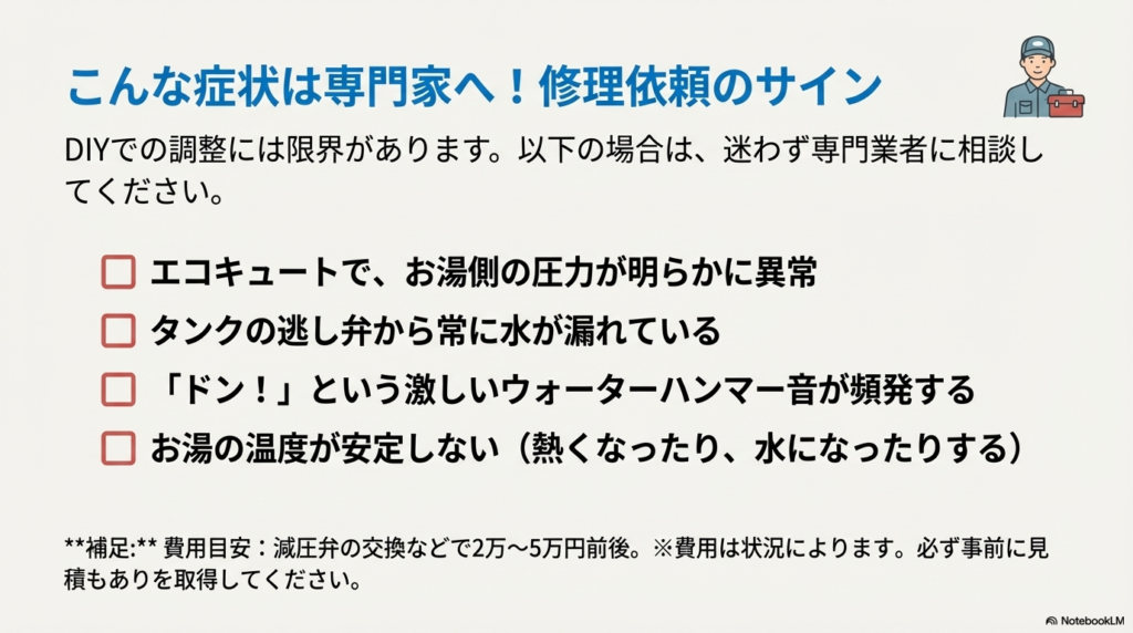エコキュートの異常高圧、逃し弁からの水漏れ、激しい異音など、DIYではなくプロに任せるべき症状のチェックリスト。