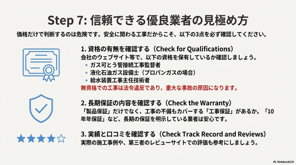 業者選びで確認すべき「資格の有無」「長期保証の内容」「実績と口コミ」の3点を強調したスライド。適切な資格なしでの工事は法令違反であることを伝えています。