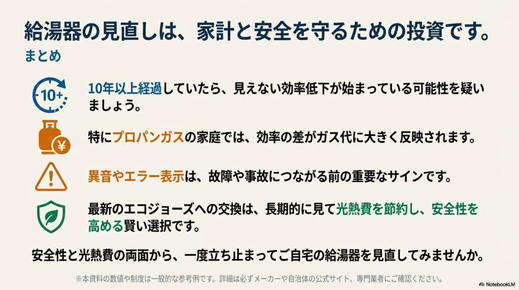 給湯器の経年劣化によるリスクと、エコジョーズへの交換が安全性と光熱費節約につながることをまとめた結論のスライド。