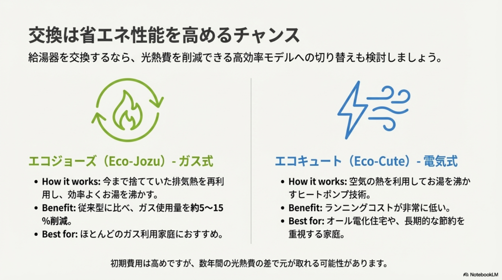 ガス式の「エコジョーズ」と電気式の「エコキュート」の仕組みとメリットの解説。光熱費削減効果があり、家庭の状況に合わせた選択を提案しています。