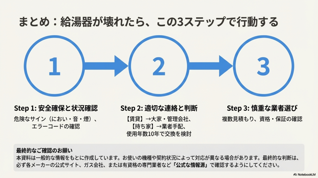 記事の要約。「安全確保と状況確認」「適切な連絡と判断」「慎重な業者選び」の3ステップを分かりやすくまとめた最終確認用スライド。