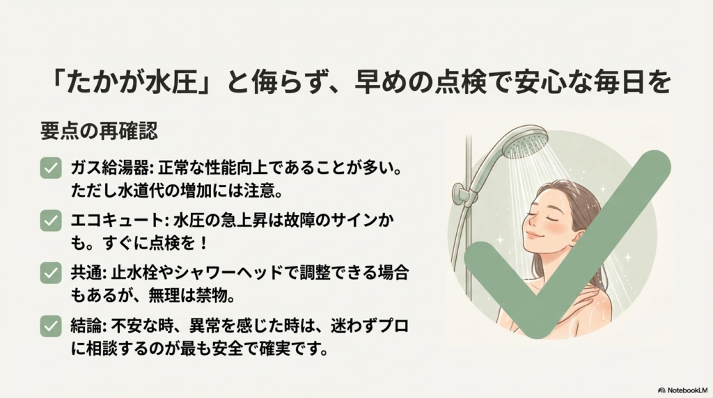 ガス給湯器は正常な場合が多いが、エコキュートは要注意。不安な時はプロに相談するのが安全という結論をまとめたスライド。