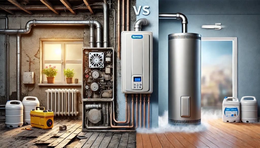 古い給湯器の修理と新しい給湯器への交換を対比したビジュアル。使用感のある機器と新品の機器が左右に分かれて表現され、修理と買い替えの選択肢を象徴している。