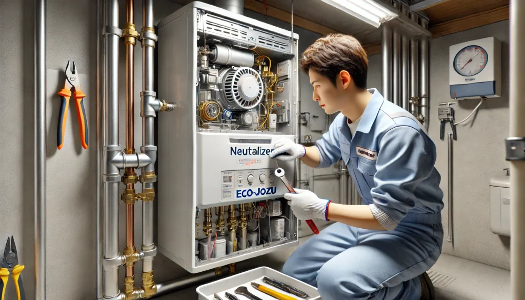 日本の住宅内で、給湯器の中和器を専門技術者が交換している様子。工具と部品を使い、丁寧に作業しているリアルな修理風景。