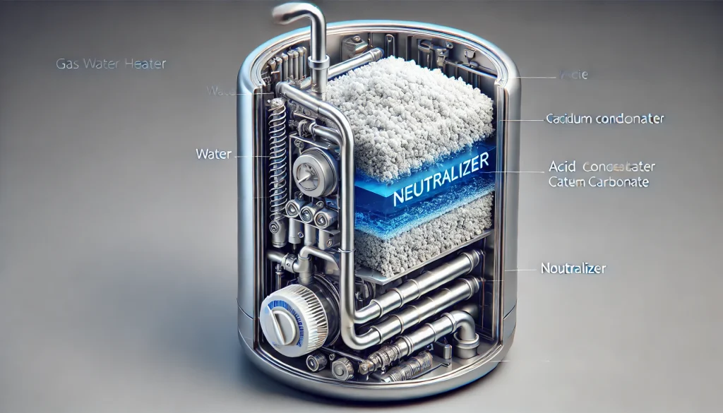 エコジョーズ給湯器内部の断面構造を示す図。中和器に詰められた炭酸カルシウムが酸性水を中和している様子がリアルに描かれている。