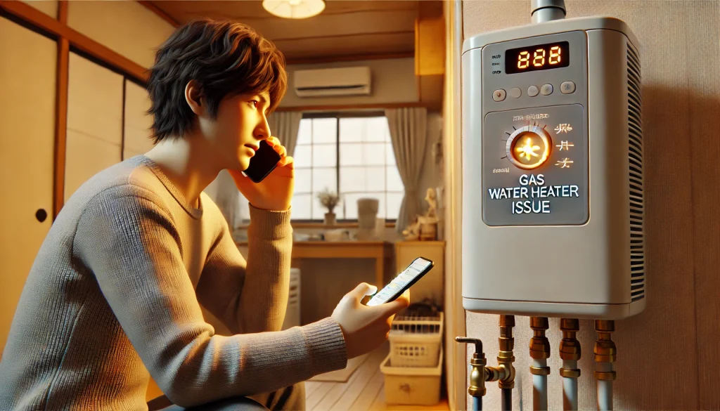 給湯器のエラー表示を見ながら、スマートフォンで管理会社に連絡を取っている日本のアパート住人の様子。屋内で落ち着いた雰囲気の中、適切な対応を取っているシーン。